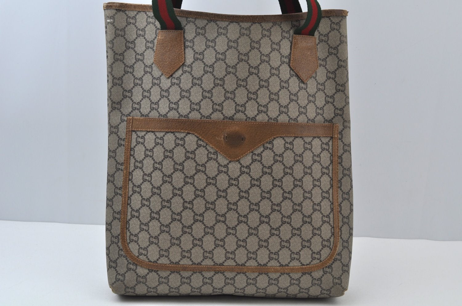Authentic GUCCI Web Sherry Line GG Plus Tote Bag PVC Leather Brown 6535J