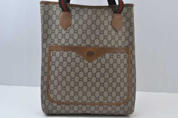 Authentic GUCCI Web Sherry Line GG Plus Tote Bag PVC Leather Brown 6535J