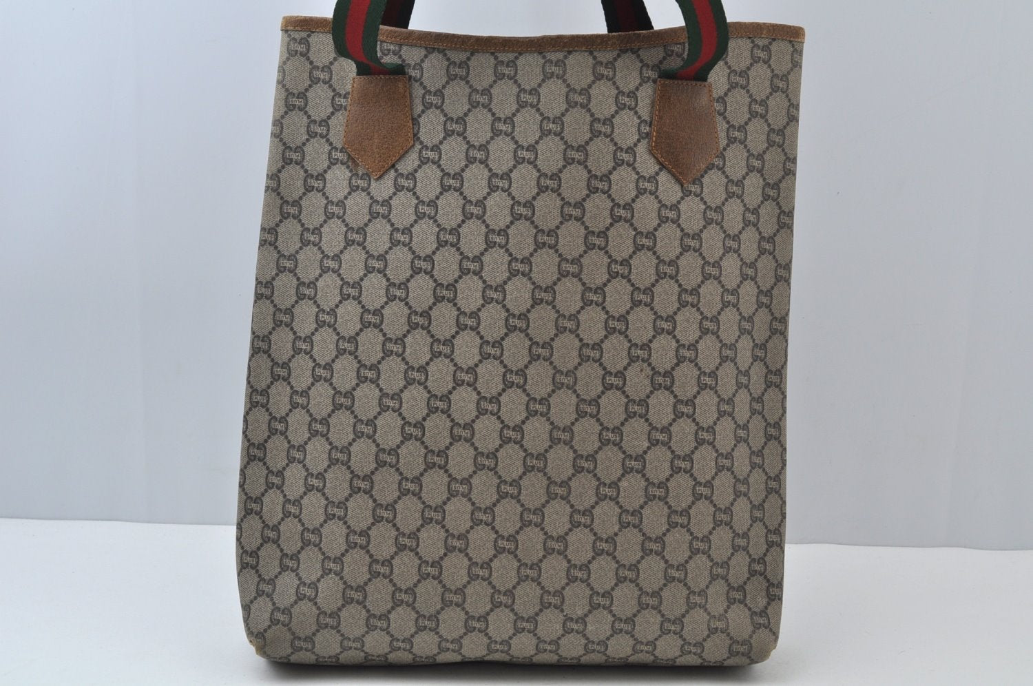 Authentic GUCCI Web Sherry Line GG Plus Tote Bag PVC Leather Brown 6535J