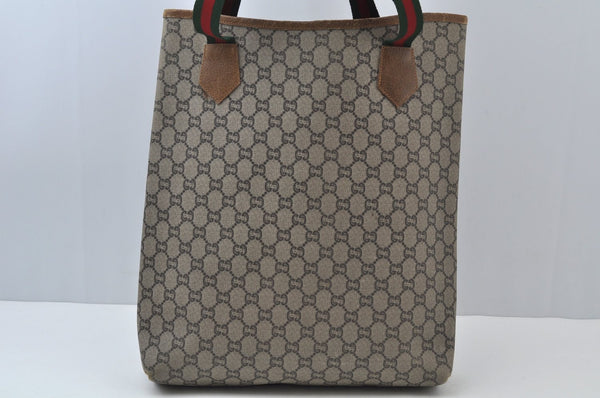 Authentic GUCCI Web Sherry Line GG Plus Tote Bag PVC Leather Brown 6535J
