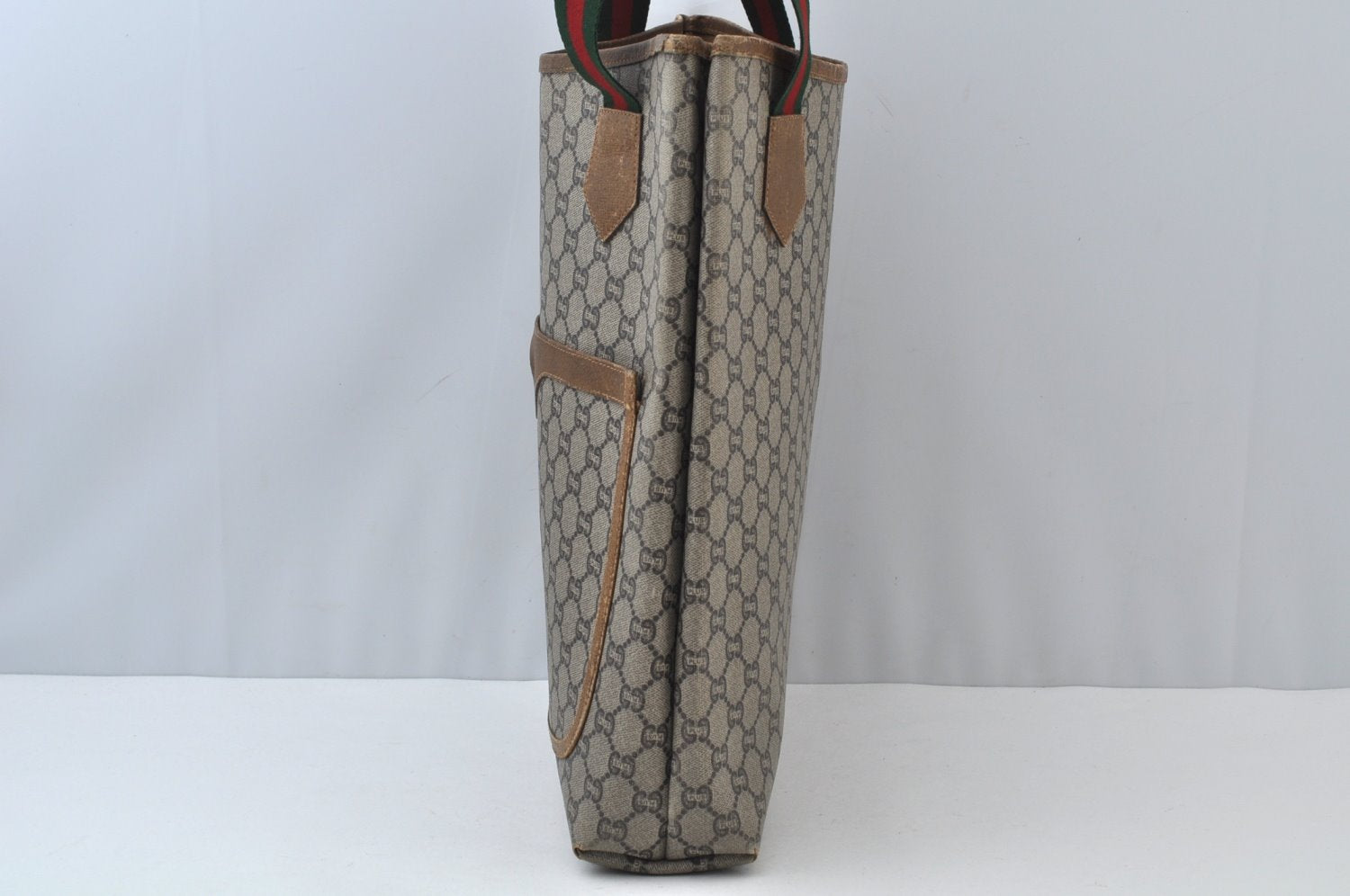 Authentic GUCCI Web Sherry Line GG Plus Tote Bag PVC Leather Brown 6535J