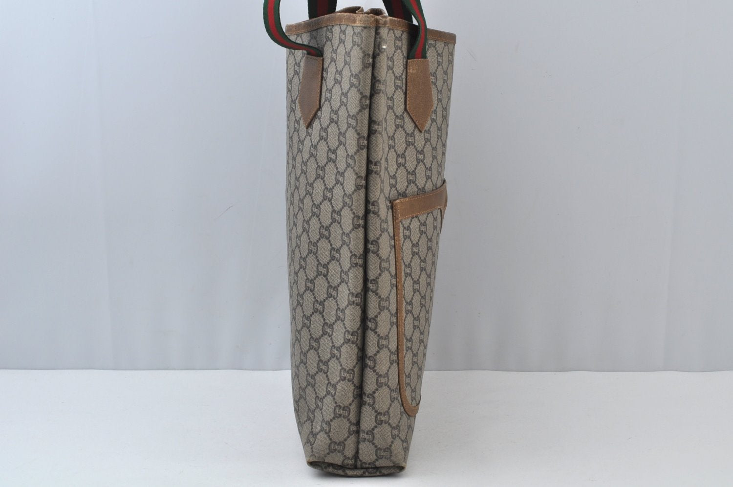 Authentic GUCCI Web Sherry Line GG Plus Tote Bag PVC Leather Brown 6535J
