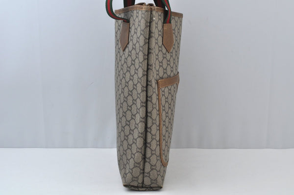 Authentic GUCCI Web Sherry Line GG Plus Tote Bag PVC Leather Brown 6535J