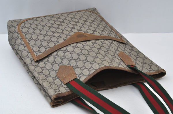 Authentic GUCCI Web Sherry Line GG Plus Tote Bag PVC Leather Brown 6535J