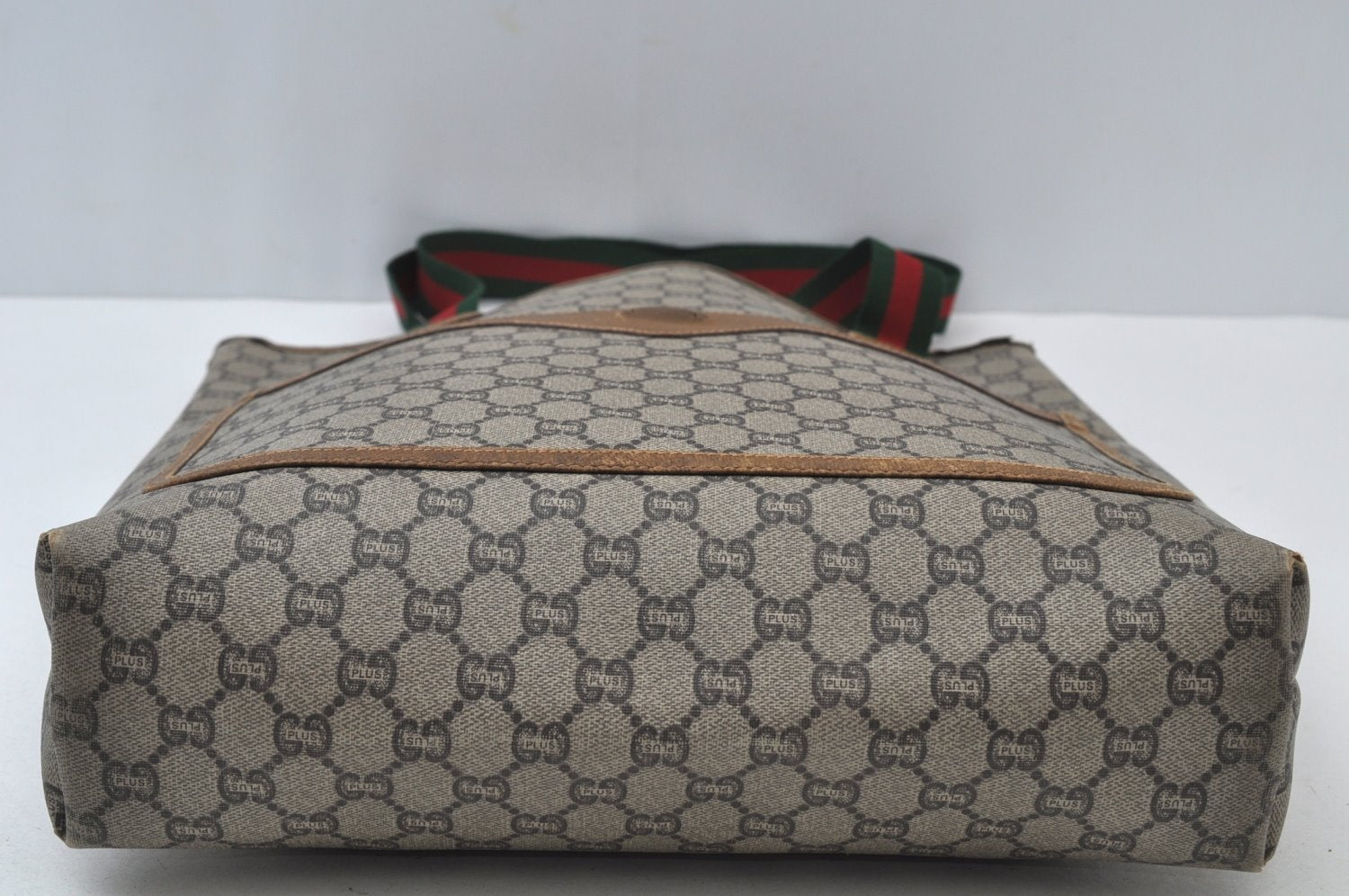 Authentic GUCCI Web Sherry Line GG Plus Tote Bag PVC Leather Brown 6535J