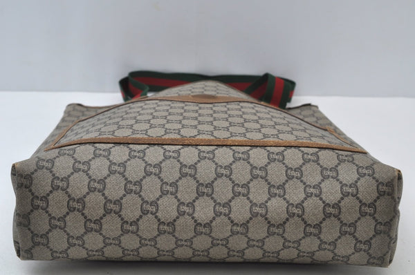 Authentic GUCCI Web Sherry Line GG Plus Tote Bag PVC Leather Brown 6535J
