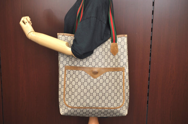Authentic GUCCI Web Sherry Line GG Plus Tote Bag PVC Leather Brown 6535J