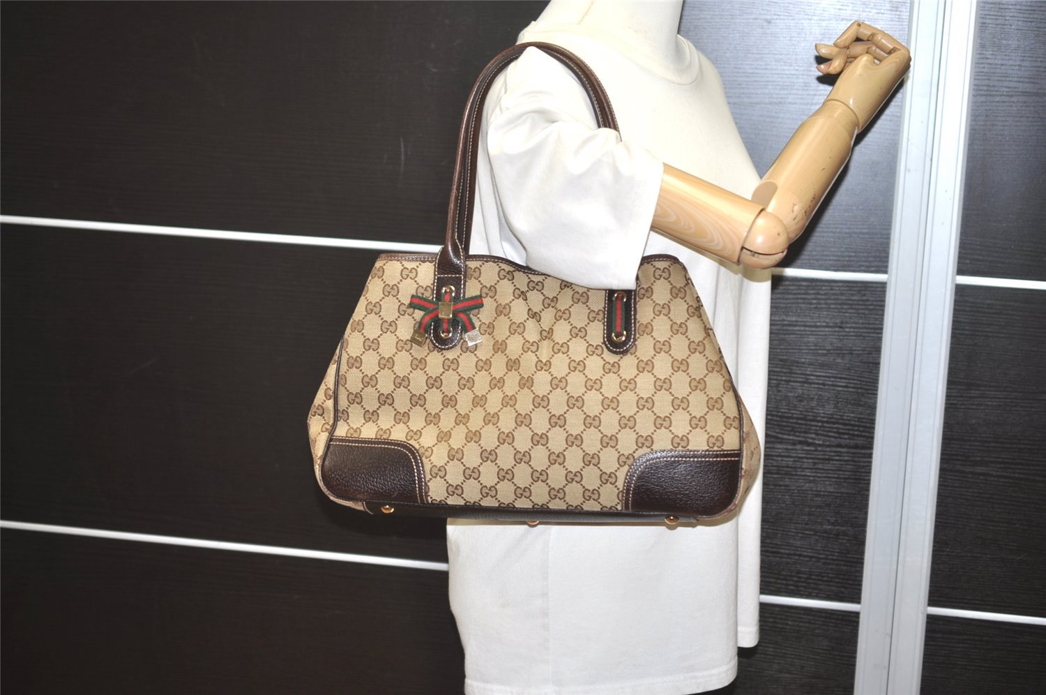 Authentic GUCCI Web Sherry Line Princy Ribbon Tote Bag Canvas 163805 Brown 6540I