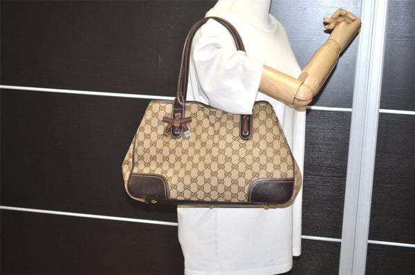 Authentic GUCCI Web Sherry Line Princy Ribbon Tote Bag Canvas 163805 Brown 6540I