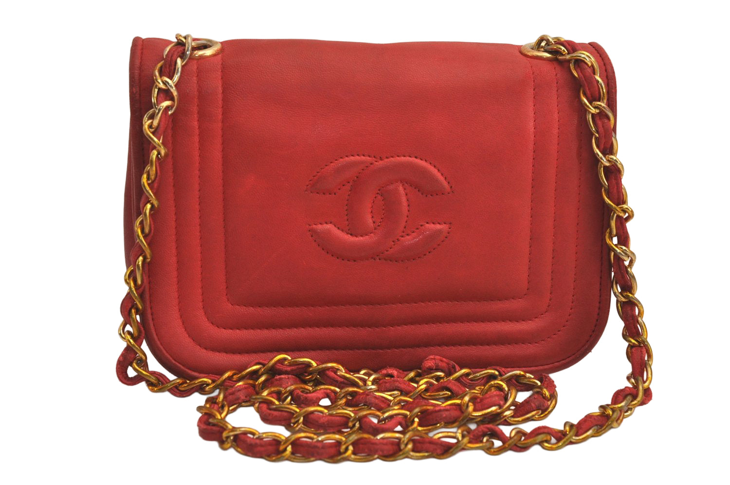 Authentic CHANEL Lamb Skin Chain Shoulder Cross Body Bag Purse Red CC 6540M