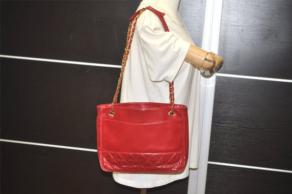 Authentic CHANEL Lamb Skin Matelasse Chain Shoulder Tote Bag Red CC 6544I