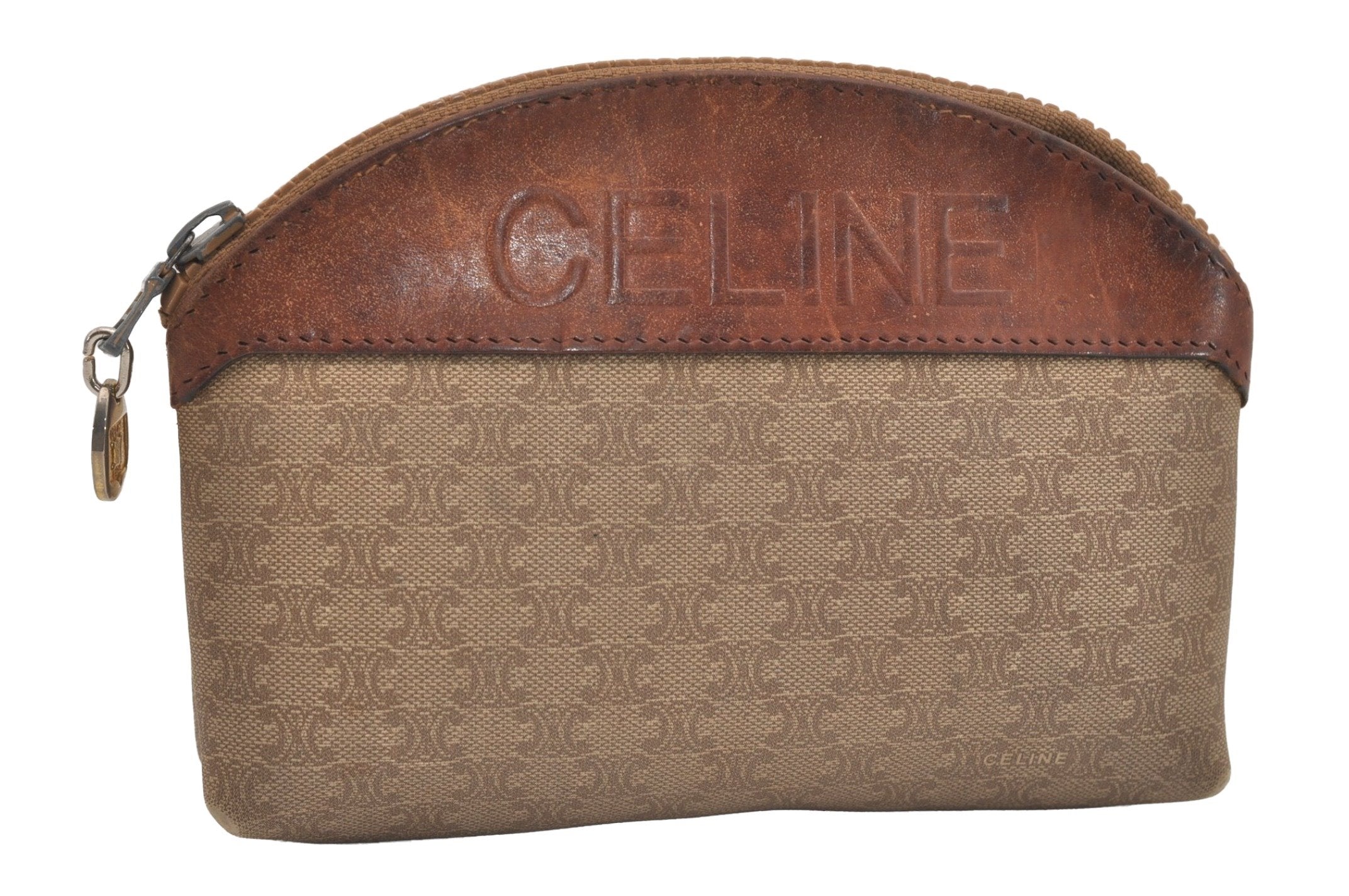 Authentic CELINE Macadam Blason Pattern Pouch Purse PVC Leather Beige 6546J