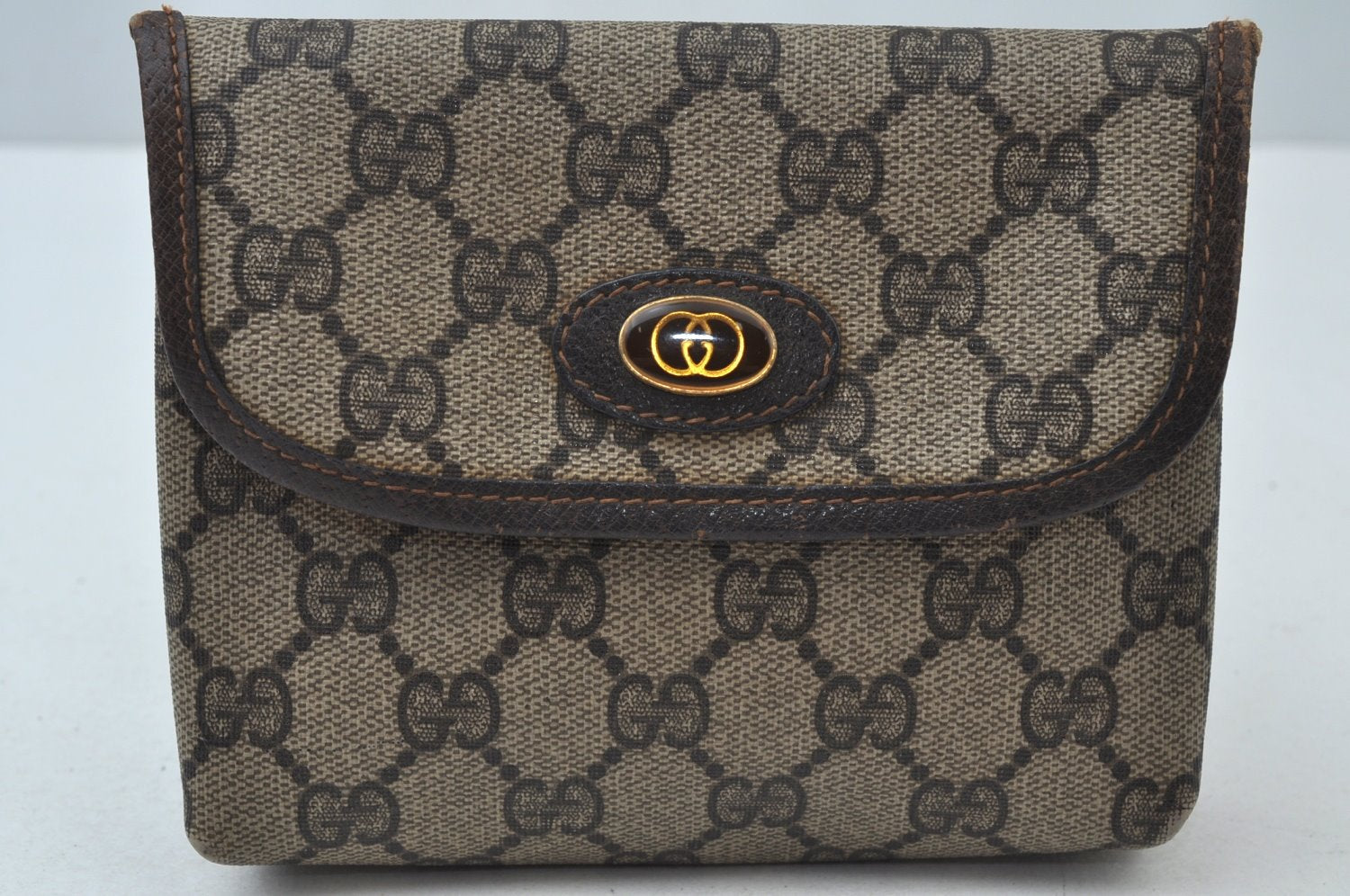 Authentic GUCCI Vintage Pouch Purse GG PVC Leather Brown 6547J