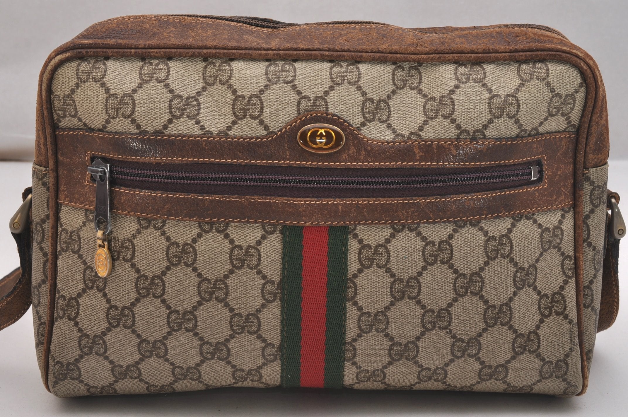 Authentic GUCCI Web Sherry Line Shoulder Cross Bag GG PVC Leather Brown 6549J
