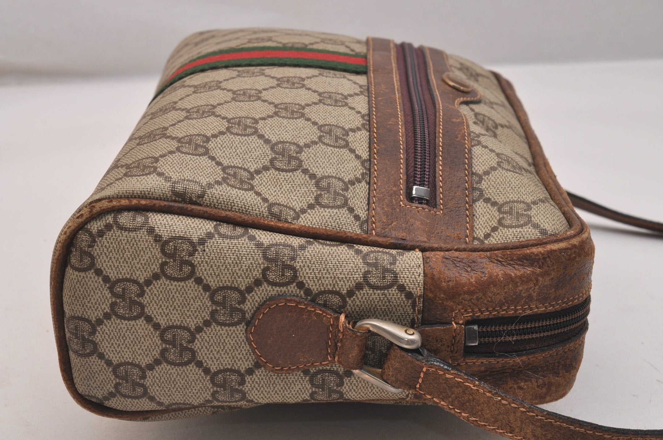 Authentic GUCCI Web Sherry Line Shoulder Cross Bag GG PVC Leather Brown 6549J