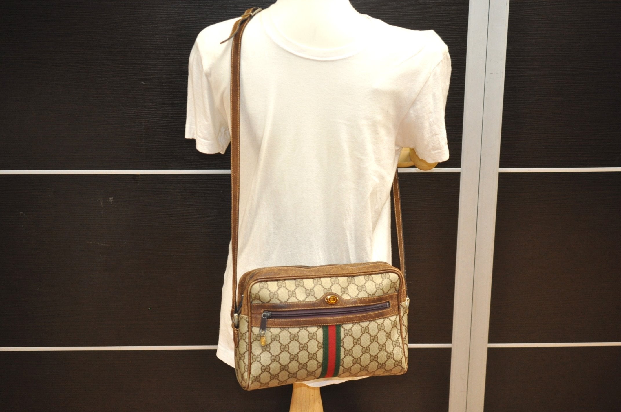 Authentic GUCCI Web Sherry Line Shoulder Cross Bag GG PVC Leather Brown 6549J