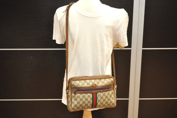 Authentic GUCCI Web Sherry Line Shoulder Cross Bag GG PVC Leather Brown 6549J