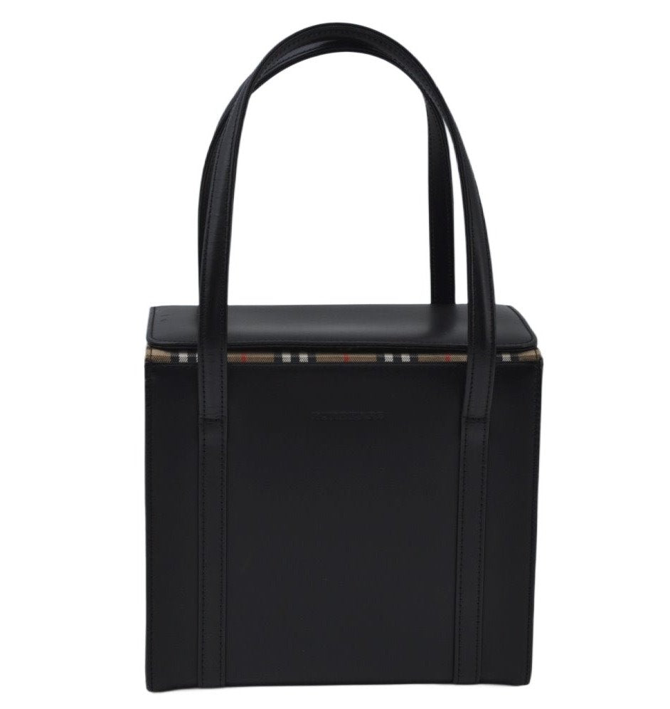 Authentic BURBERRY Vintage Check Leather Hand Bag Purse Black 6550J