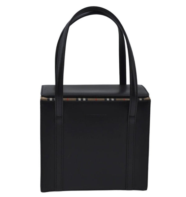 Authentic BURBERRY Vintage Check Leather Hand Bag Purse Black 6550J