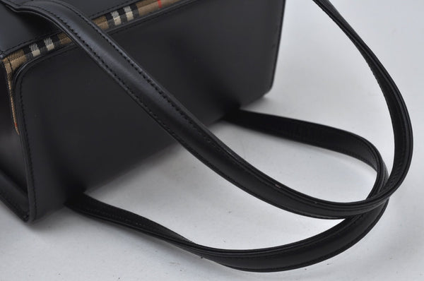 Authentic BURBERRY Vintage Check Leather Hand Bag Purse Black 6550J