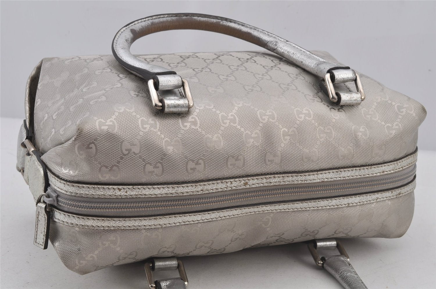 Authentic GUCCI GG Imprime Hand Boston Bag GG PVC Leather 272375 Silver 6552J