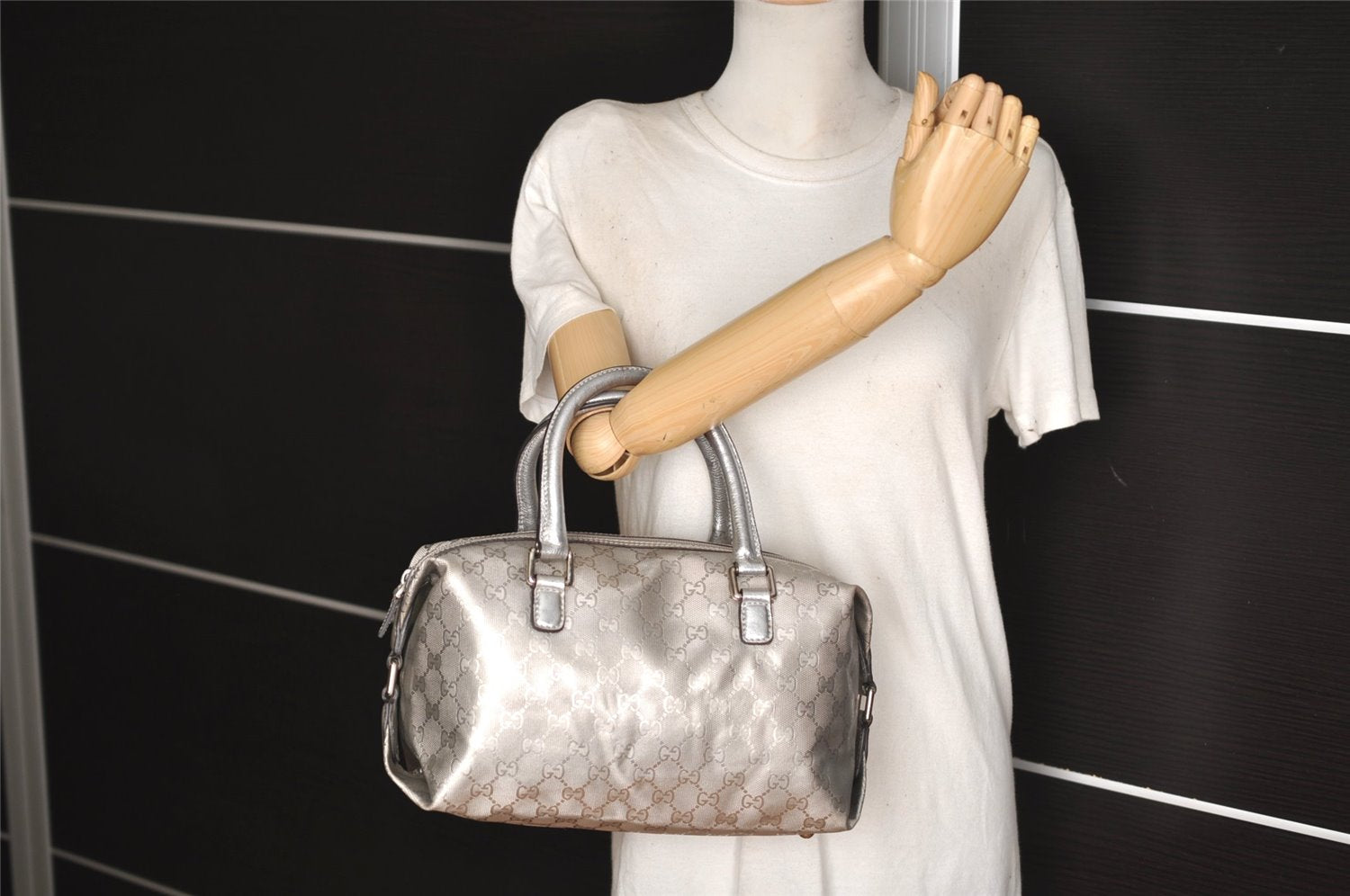 Authentic GUCCI GG Imprime Hand Boston Bag GG PVC Leather 272375 Silver 6552J