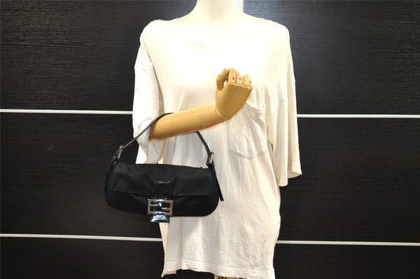 Authentic FENDI Mamma Baguette Shoulder Hand Bag Jersey Leather Black 6554I