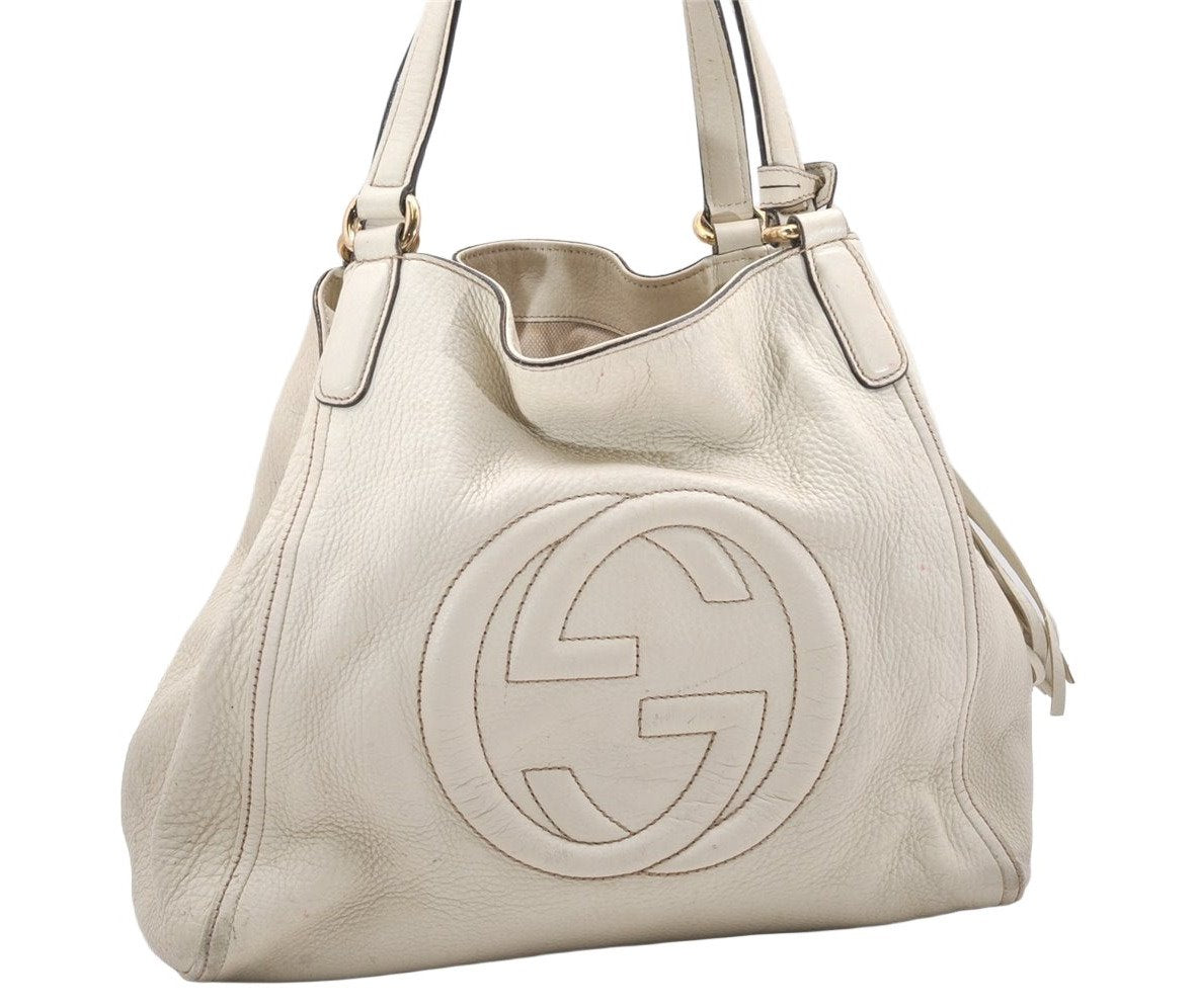 Authentic GUCCI SOHO Tassel Shoulder Tote Bag GG Leather 282309 White 6554K