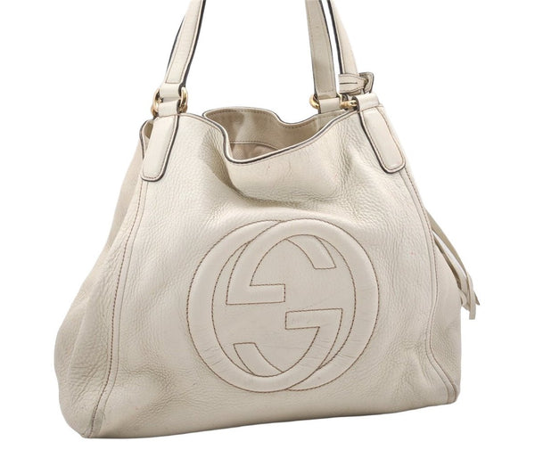 Authentic GUCCI SOHO Tassel Shoulder Tote Bag GG Leather 282309 White 6554K