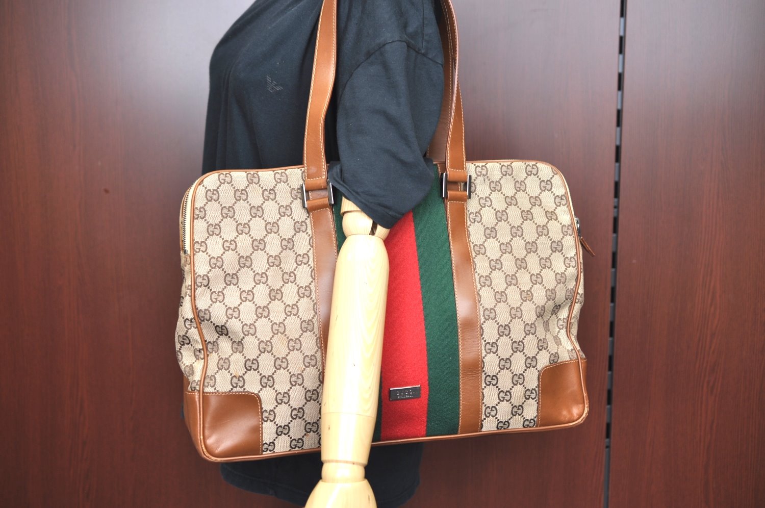 Authentic GUCCI Web Sherry Line Shoulder Bag GG Canvas Leather Brown 6555H
