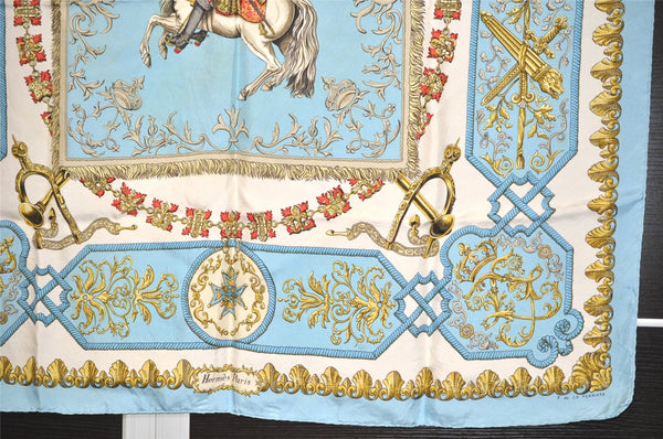 Authentic HERMES Carre 90 Scarf "LVDOVICVS MAGNVS" Silk Light Blue 6555J