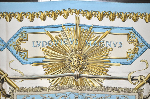 Authentic HERMES Carre 90 Scarf "LVDOVICVS MAGNVS" Silk Light Blue 6555J