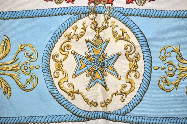 Authentic HERMES Carre 90 Scarf "LVDOVICVS MAGNVS" Silk Light Blue 6555J