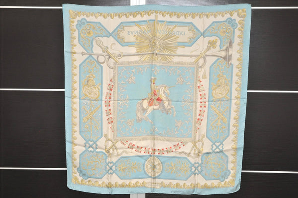 Authentic HERMES Carre 90 Scarf "LVDOVICVS MAGNVS" Silk Light Blue 6555J