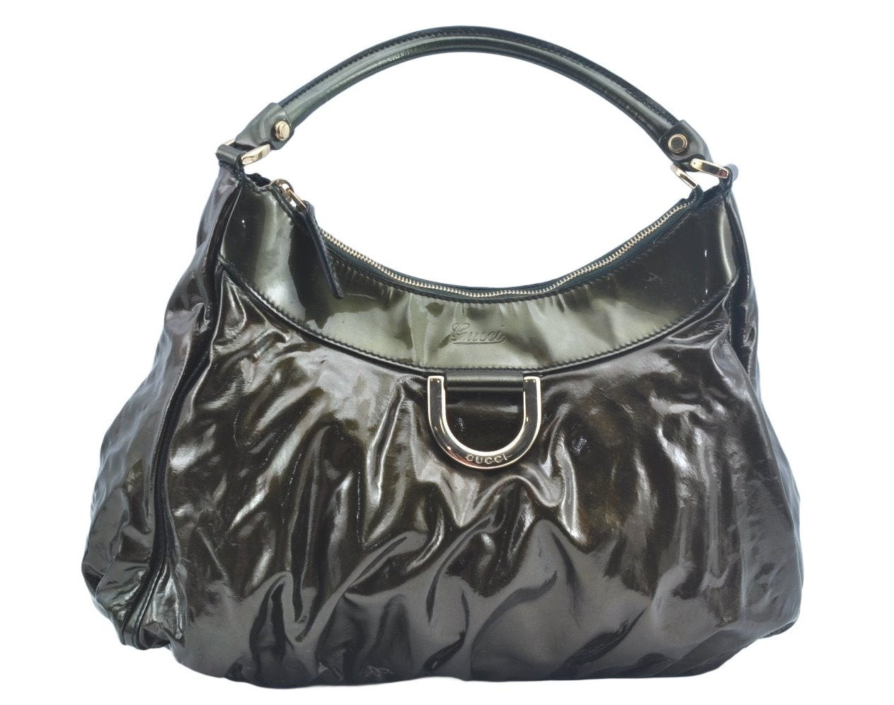 Authentic GUCCI Vintage Abbey Shoulder Hand Bag Enamel 189833 Khaki Green 6557J