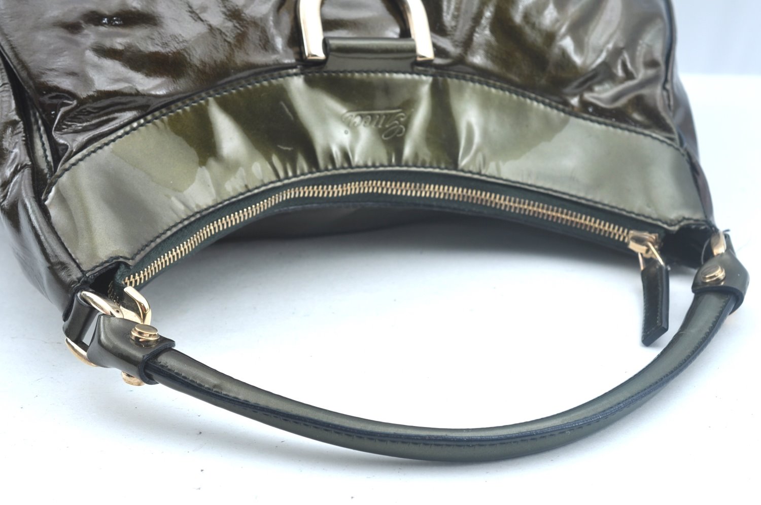 Authentic GUCCI Vintage Abbey Shoulder Hand Bag Enamel 189833 Khaki Green 6557J