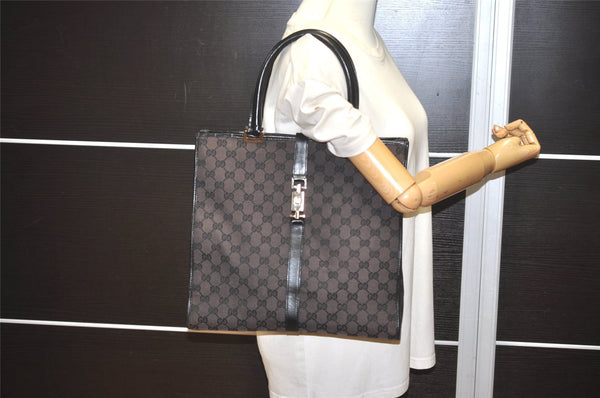 Authentic GUCCI Jackie Hand Tote Bag GG Canvas Leather 0021064 Black 6559I