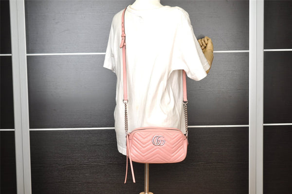 Authentic GUCCI GG Marmont Chain Shoulder Cross Bag Leather 447632 Pink 6560I