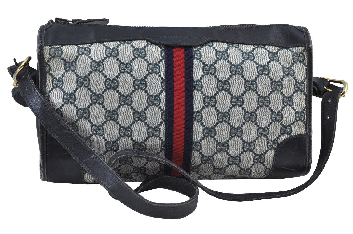 Authentic GUCCI Web Sherry Line Shoulder Cross Bag GG PVC Leather Navy 6561G