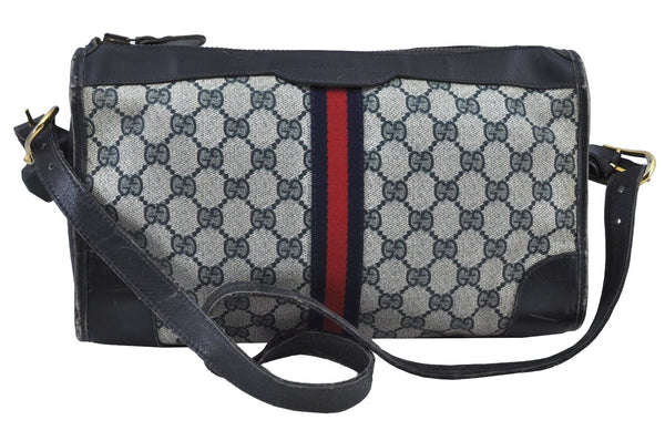 Authentic GUCCI Web Sherry Line Shoulder Cross Bag GG PVC Leather Navy 6561G