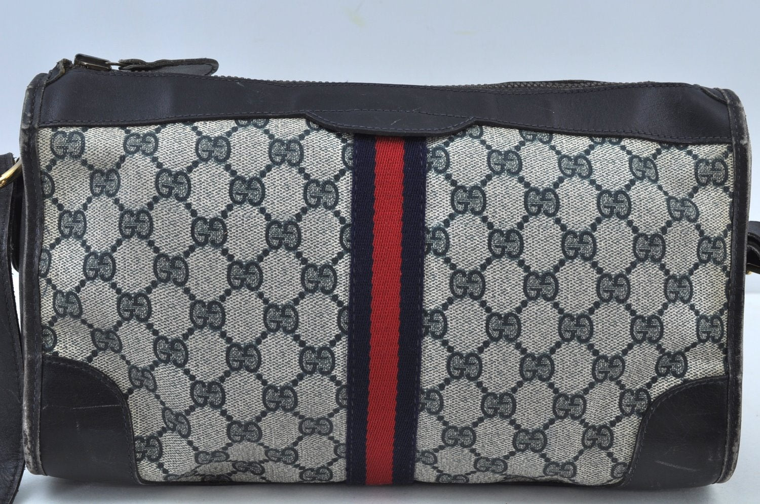 Authentic GUCCI Web Sherry Line Shoulder Cross Bag GG PVC Leather Navy 6561G