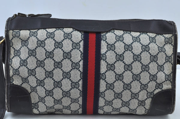 Authentic GUCCI Web Sherry Line Shoulder Cross Bag GG PVC Leather Navy 6561G
