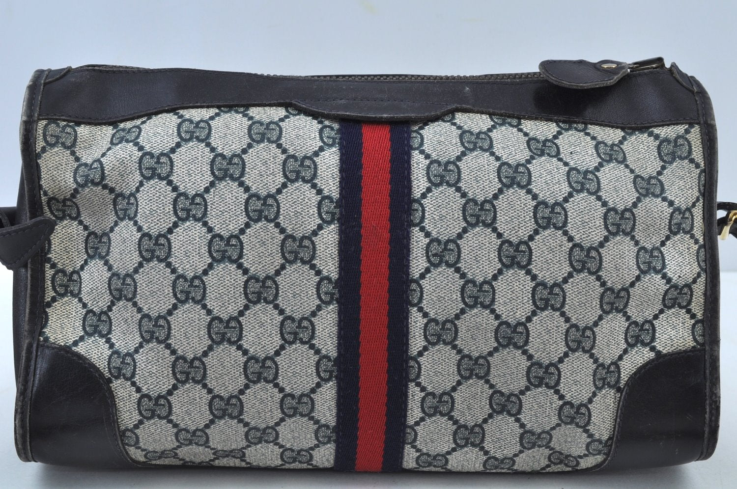 Authentic GUCCI Web Sherry Line Shoulder Cross Bag GG PVC Leather Navy 6561G