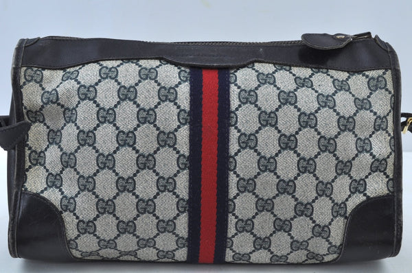 Authentic GUCCI Web Sherry Line Shoulder Cross Bag GG PVC Leather Navy 6561G