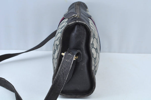 Authentic GUCCI Web Sherry Line Shoulder Cross Bag GG PVC Leather Navy 6561G