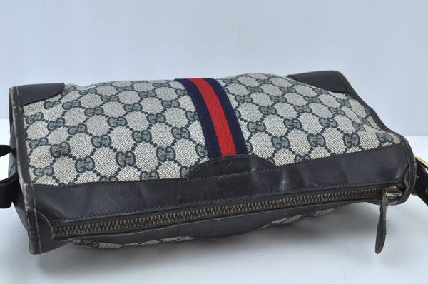 Authentic GUCCI Web Sherry Line Shoulder Cross Bag GG PVC Leather Navy 6561G