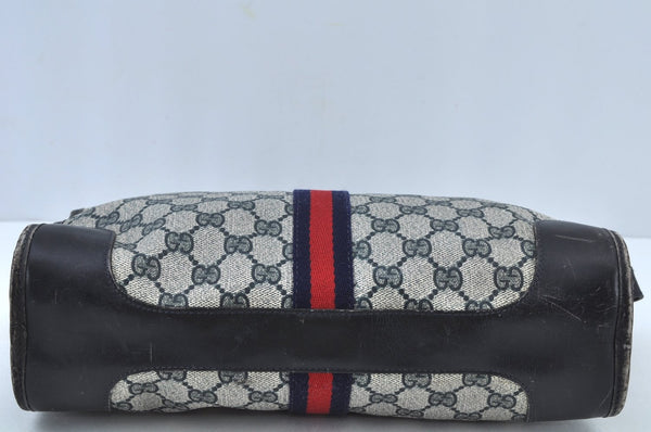 Authentic GUCCI Web Sherry Line Shoulder Cross Bag GG PVC Leather Navy 6561G