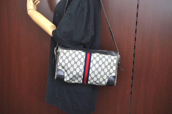 Authentic GUCCI Web Sherry Line Shoulder Cross Bag GG PVC Leather Navy 6561G