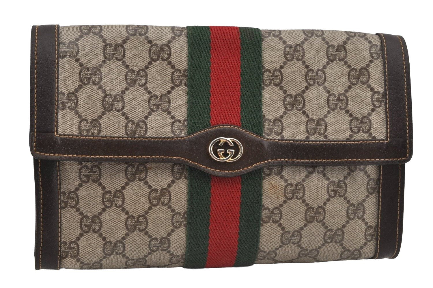 Authentic GUCCI Web Sherry Line Clutch Hand Bag Purse GG PVC Leather Brown 6562J