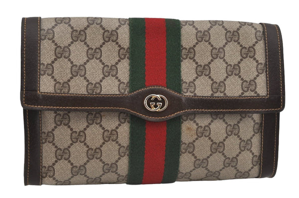 Authentic GUCCI Web Sherry Line Clutch Hand Bag Purse GG PVC Leather Brown 6562J
